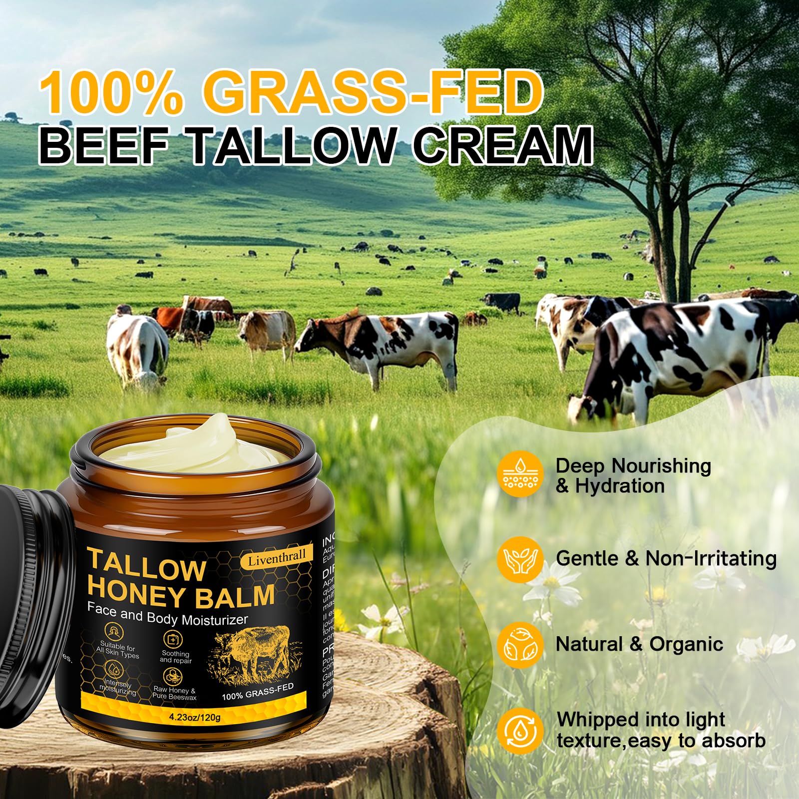 AKIICHI Organic Beef Tallow Honey Balm for Skin & Face – Unscented Whipped Moisturizer 4.2 oz