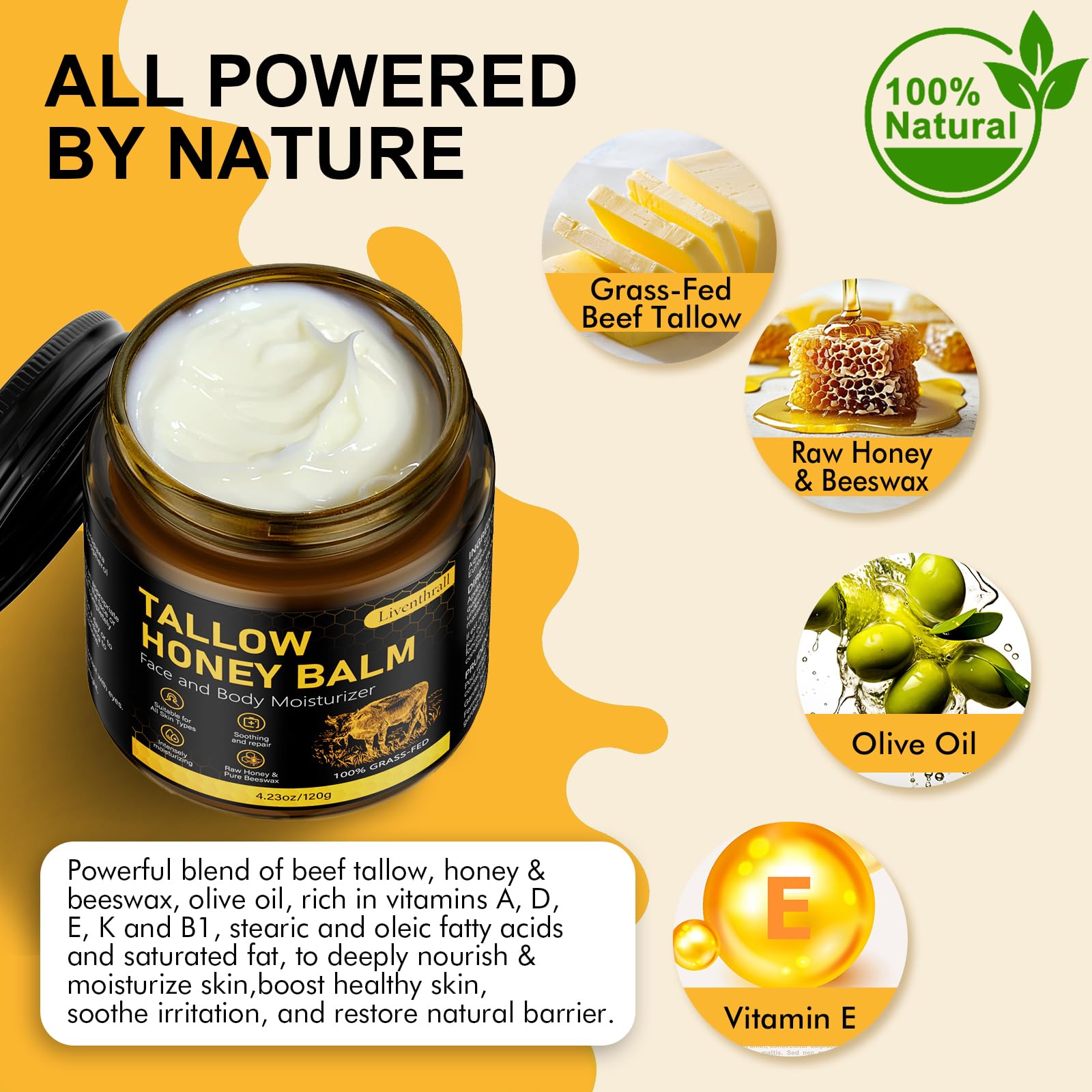 AKIICHI Organic Beef Tallow Honey Balm for Skin & Face – Unscented Whipped Moisturizer 4.2 oz