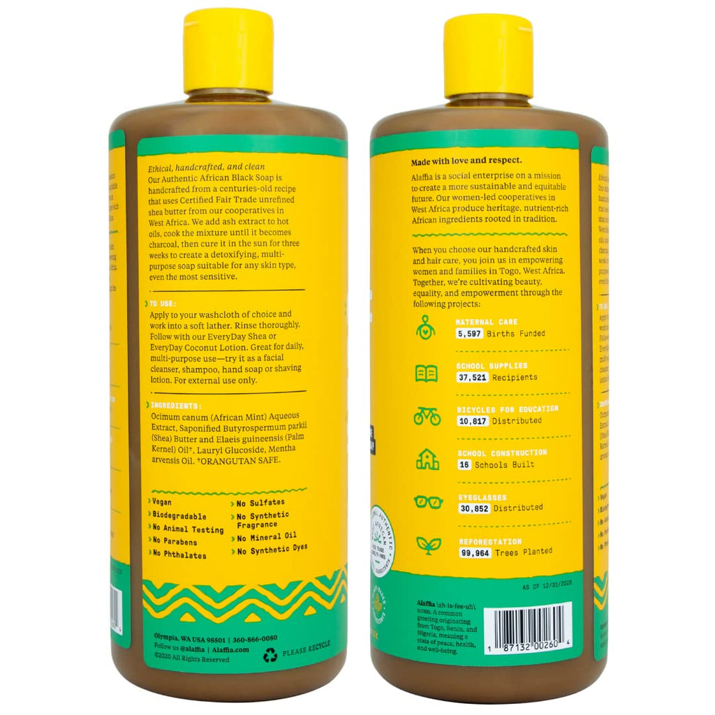 Alaffia African Black Soap Liquid Peppermint (32 oz) + Eucalyptus Tea Tree (2 oz) – All-in-One Cleanser for Face, Hands, Body & Hair