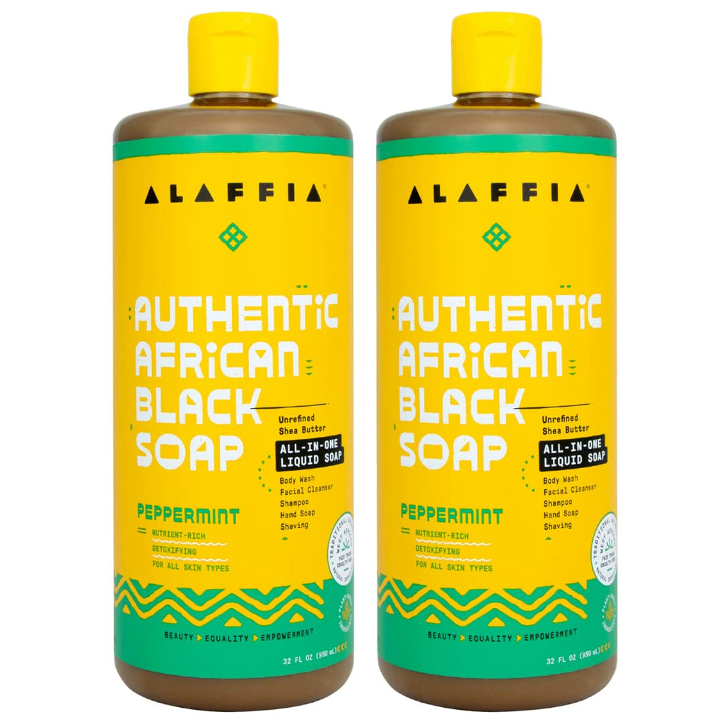 Alaffia African Black Soap Liquid Peppermint (32 oz) + Eucalyptus Tea Tree (2 oz) – All-in-One Cleanser for Face, Hands, Body & Hair