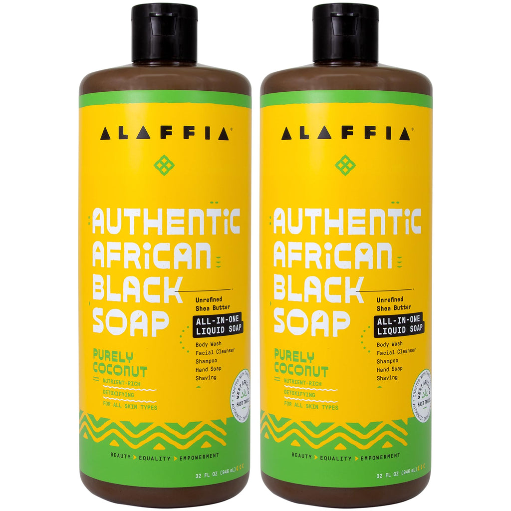 Alaffia Purely Coconut African Black Soap 2-Pack | All-In-One Liquid Soap for Body, Face, Hair, Shave - 32 oz Each