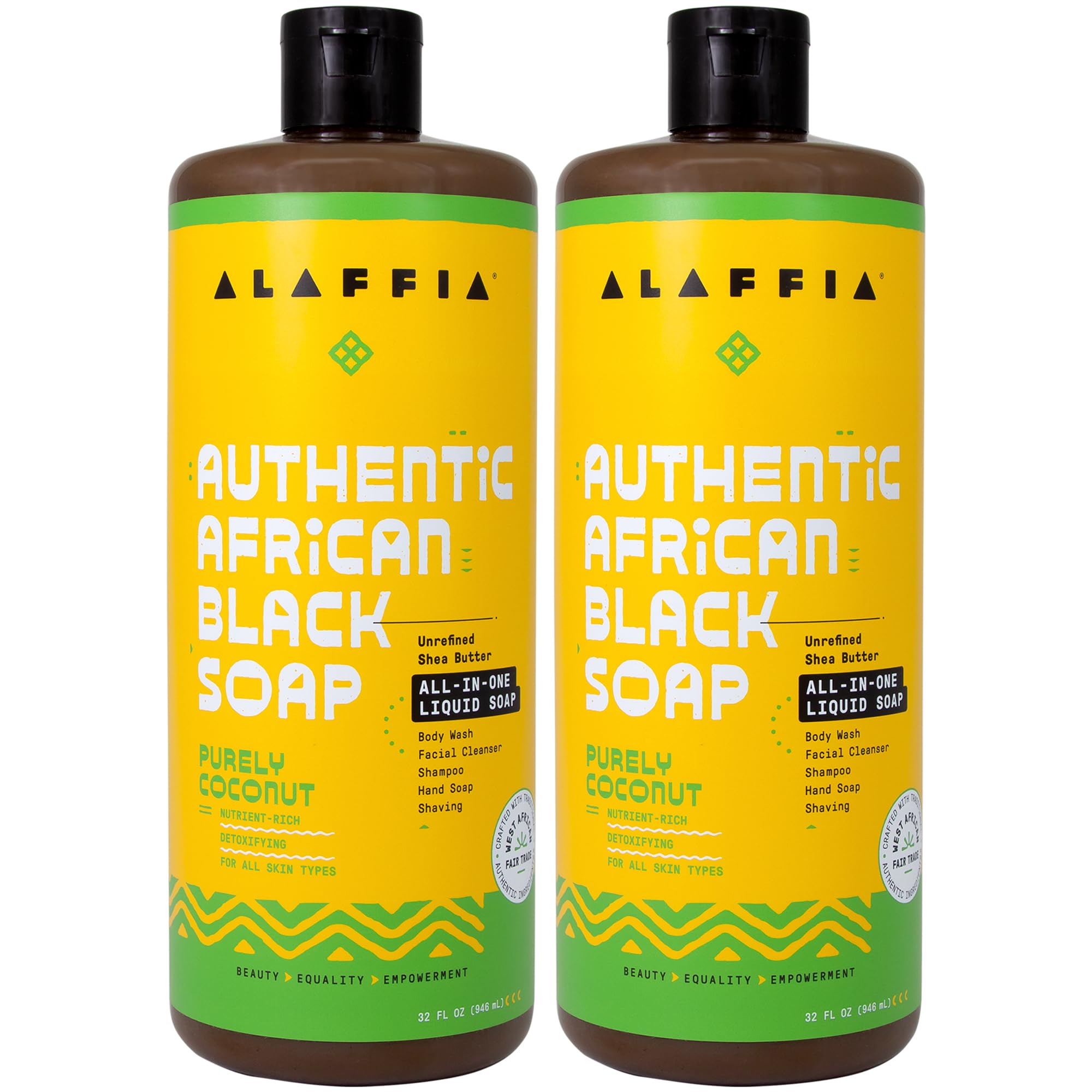 Alaffia Purely Coconut African Black Soap 2-Pack | All-In-One Liquid Soap for Body, Face, Hair, Shave - 32 oz Each