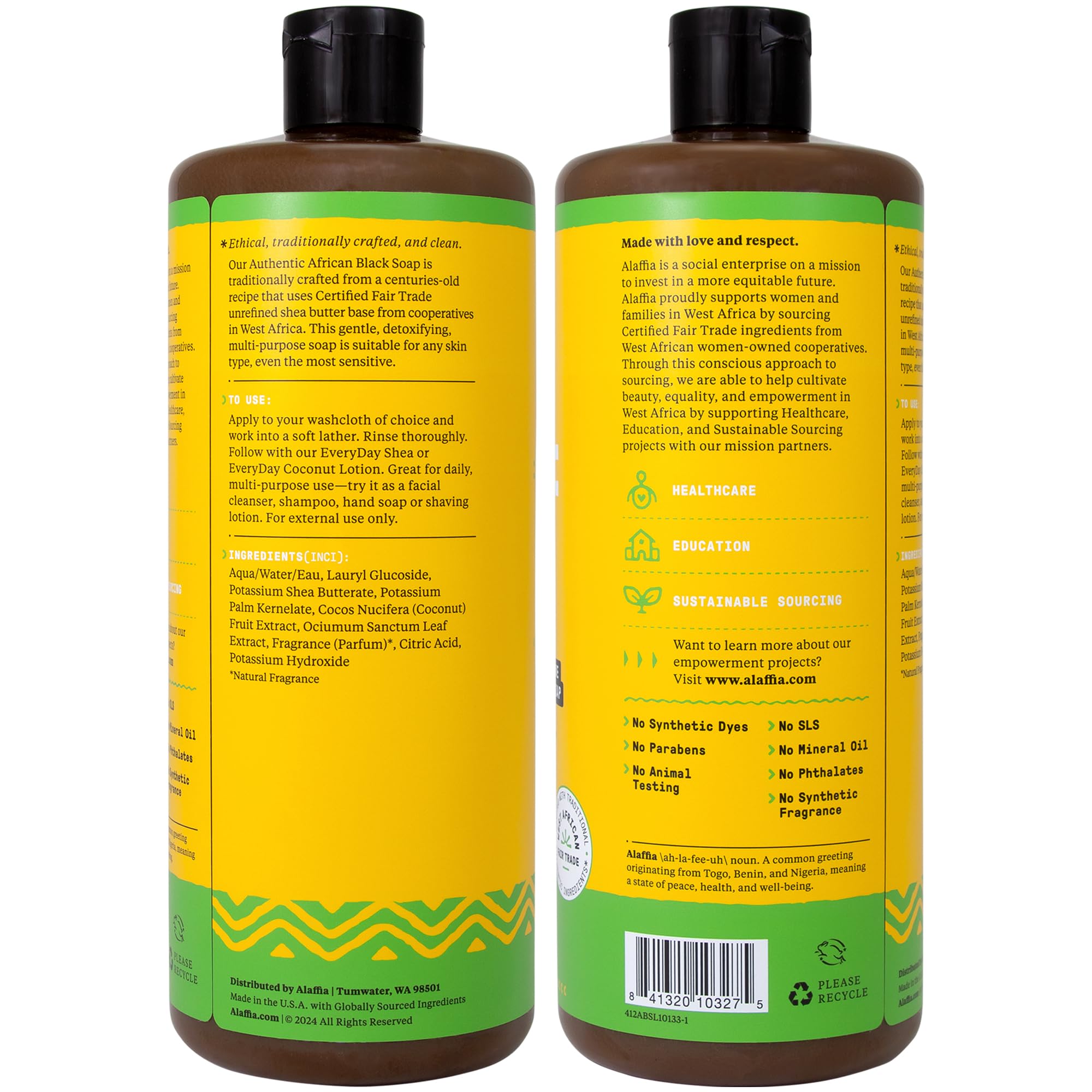 Alaffia Purely Coconut African Black Soap 2-Pack | All-In-One Liquid Soap for Body, Face, Hair, Shave - 32 oz Each