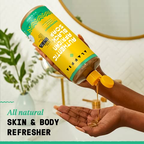 Alaffia African Black Soap Liquid Peppermint (32 oz) + Eucalyptus Tea Tree (2 oz) – All-in-One Cleanser for Face, Hands, Body & Hair
