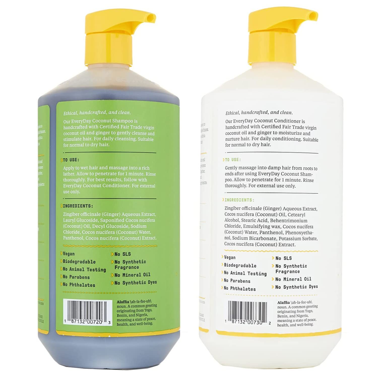 Alaffia Everyday Coconut Shampoo & Conditioner – Normal to Dry Hair, Ginger & Coconut Oil, Fair Trade, 32 Fl Oz Each
