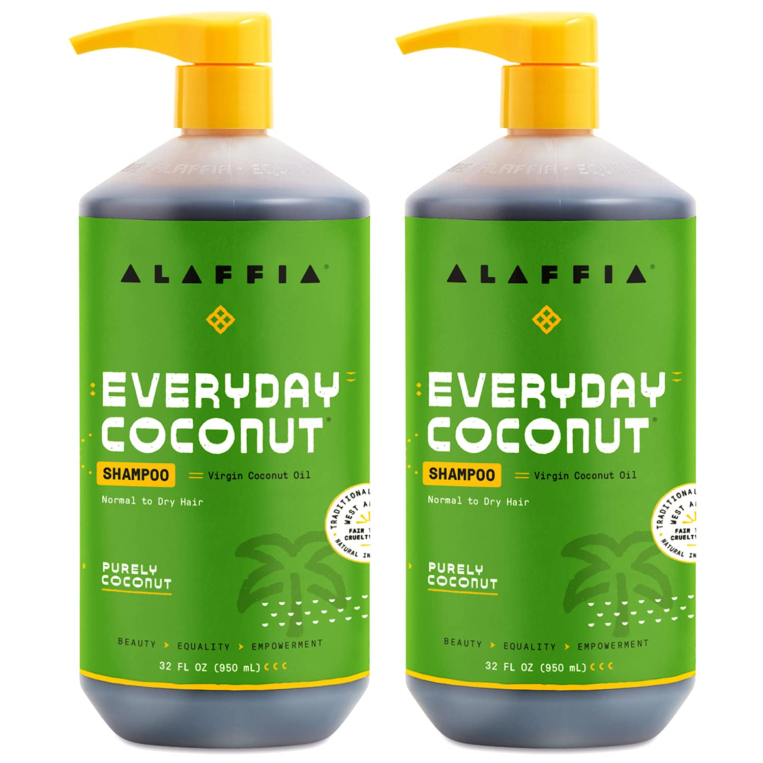 Alaffia EveryDay Coconut Shampoo — Gentle Hydration for Normal to Dry Hair (2-Pack, 32 oz Each)