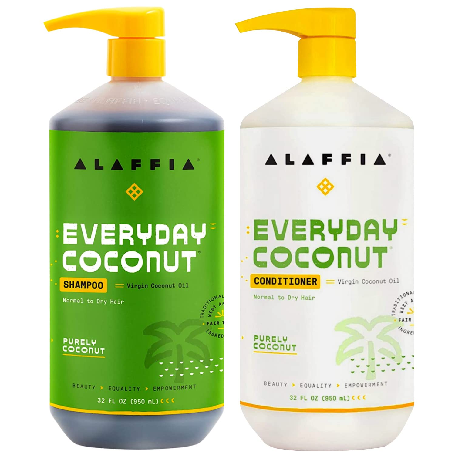 Alaffia Everyday Coconut Shampoo & Conditioner – Normal to Dry Hair, Ginger & Coconut Oil, Fair Trade, 32 Fl Oz Each
