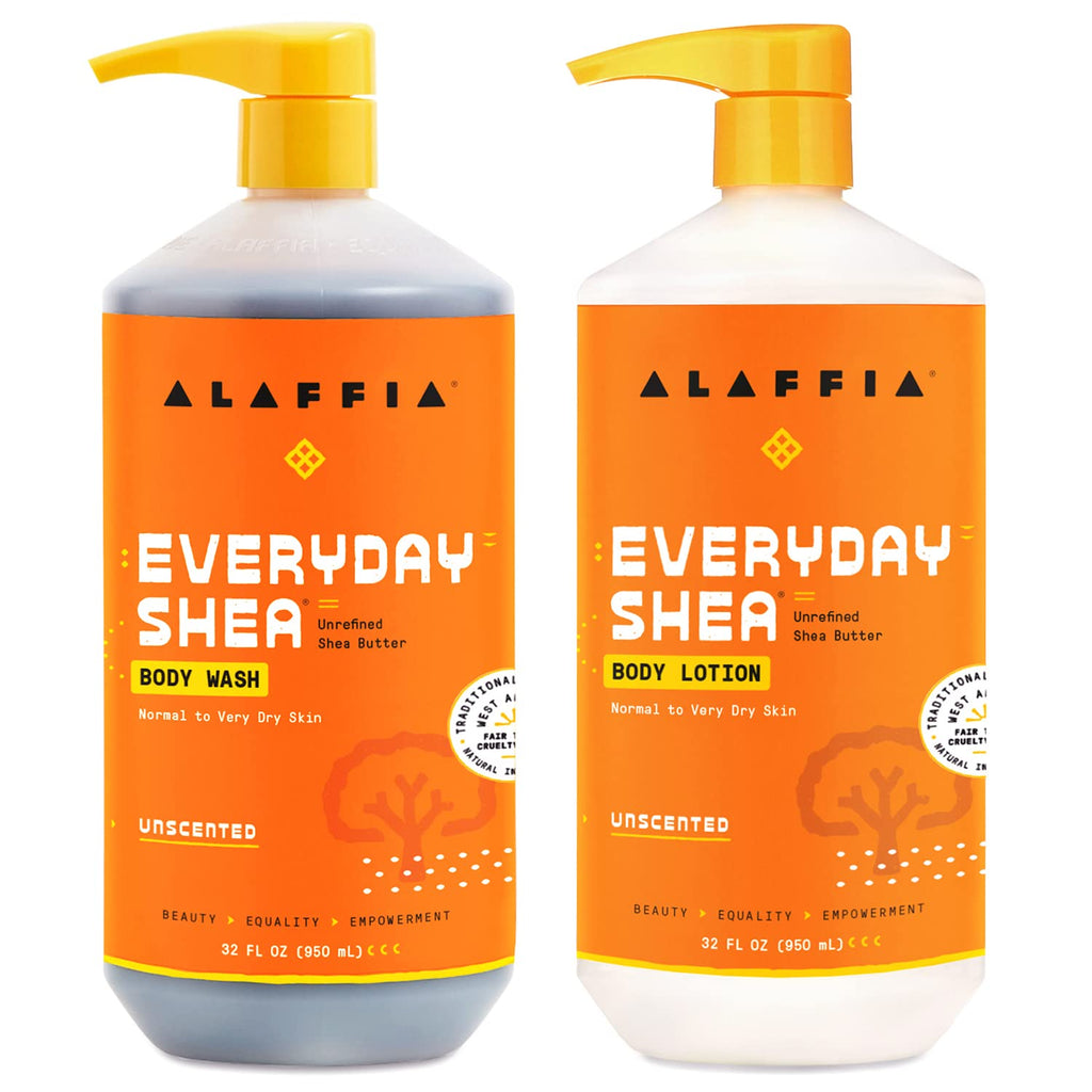Alaffia EveryDay Shea Body Lotion & Body Wash Bundle – Unscented, Deep Moisturizing, 32 oz Each