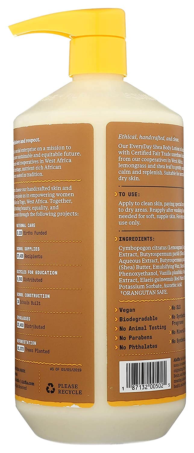 Alaffia Everyday Shea Body Lotion for Normal to Very Dry Skin — Fair Trade Shea Butter, Lemongrass & Vanilla, 16 oz