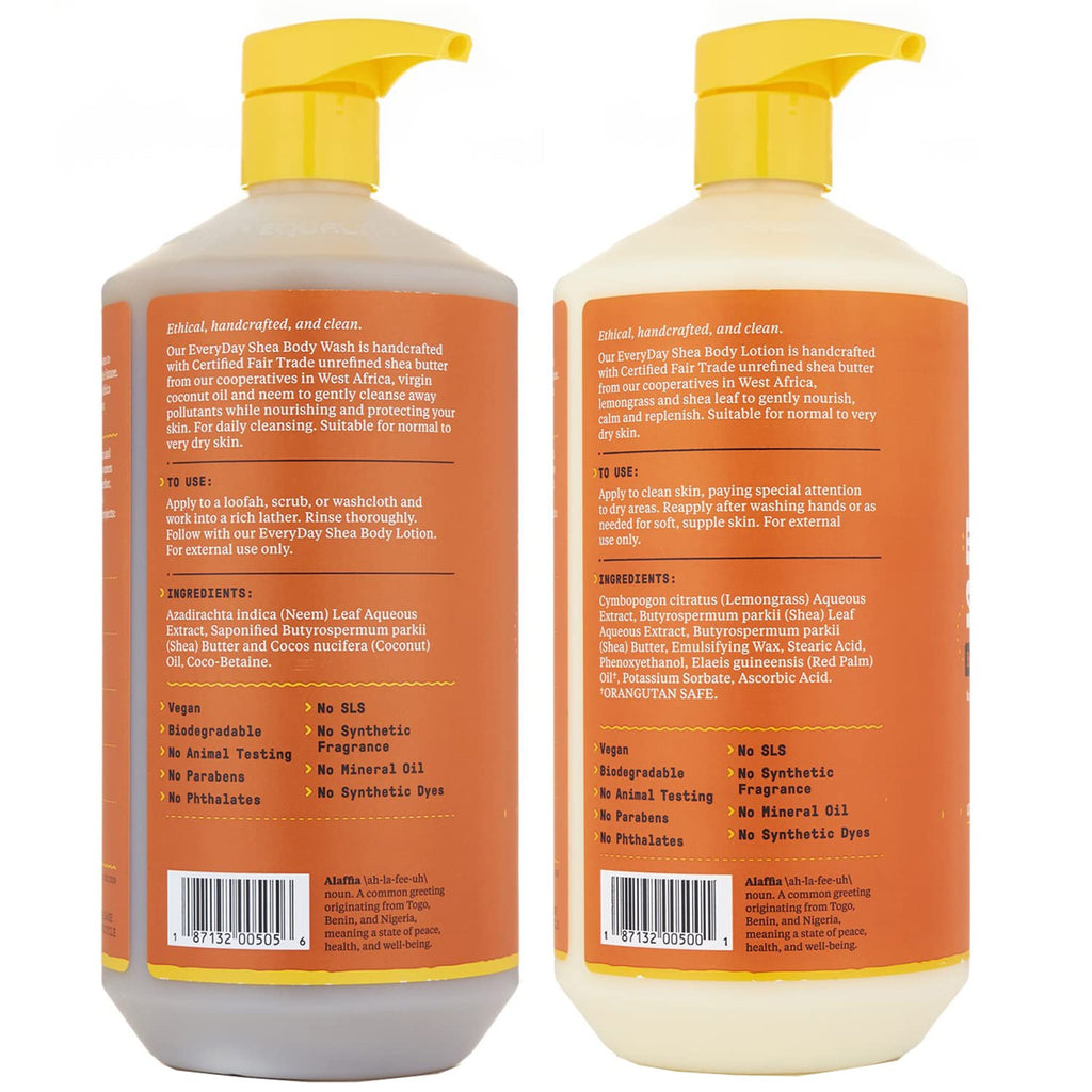 Alaffia EveryDay Shea Body Lotion & Body Wash Bundle – Unscented, Deep Moisturizing, 32 oz Each