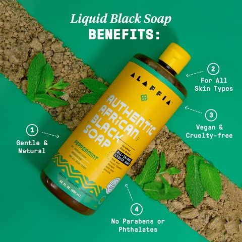 Alaffia African Black Soap Liquid Peppermint (32 oz) + Eucalyptus Tea Tree (2 oz) – All-in-One Cleanser for Face, Hands, Body & Hair