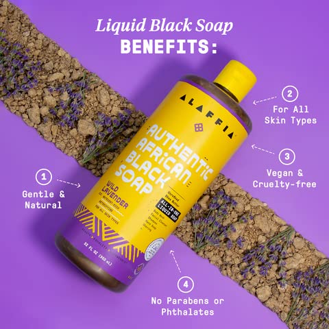 Alaffia Authentic African Black Soap with Wild Lavender – 2-Pack, All-in-One Cleanser (32 oz)