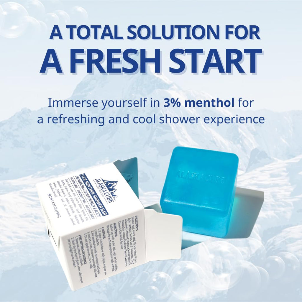 Alaskacube Shower Bar Set (2) – Menthol Cooling, 3-in-1 Body Wash, Shampoo & Deodorant