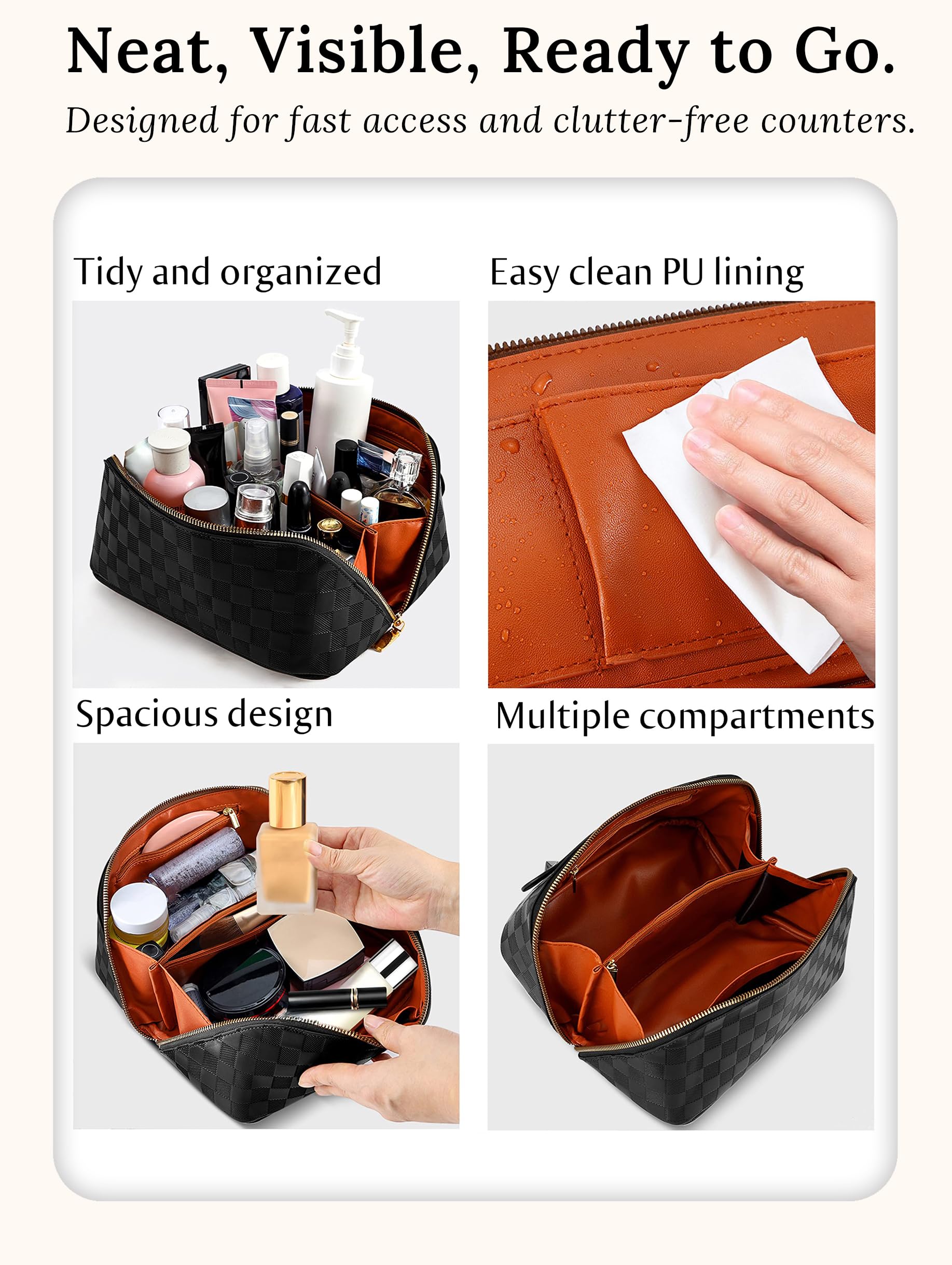 ALEXTINA Large Capacity Travel Cosmetic Bag – Waterproof Leather Organizer for Women
