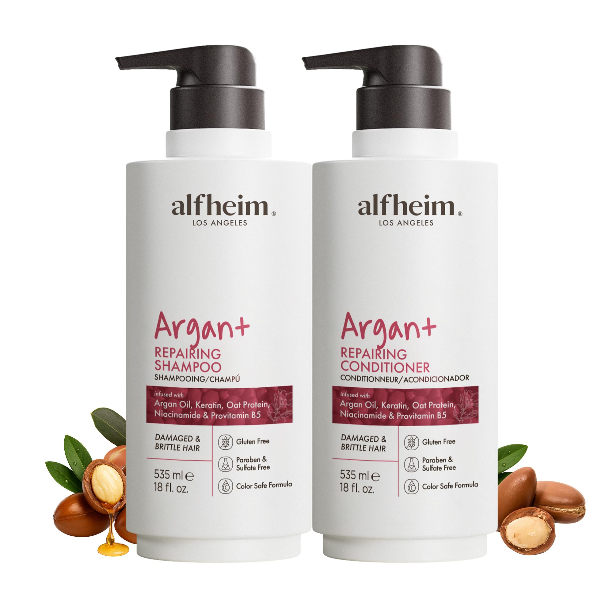 ALFHEIM Argan+ Repairing Shampoo & Conditioner Set | Deep Repair, Hydration & Shine – Sulfate Free & Color Safe – 18 oz x 2