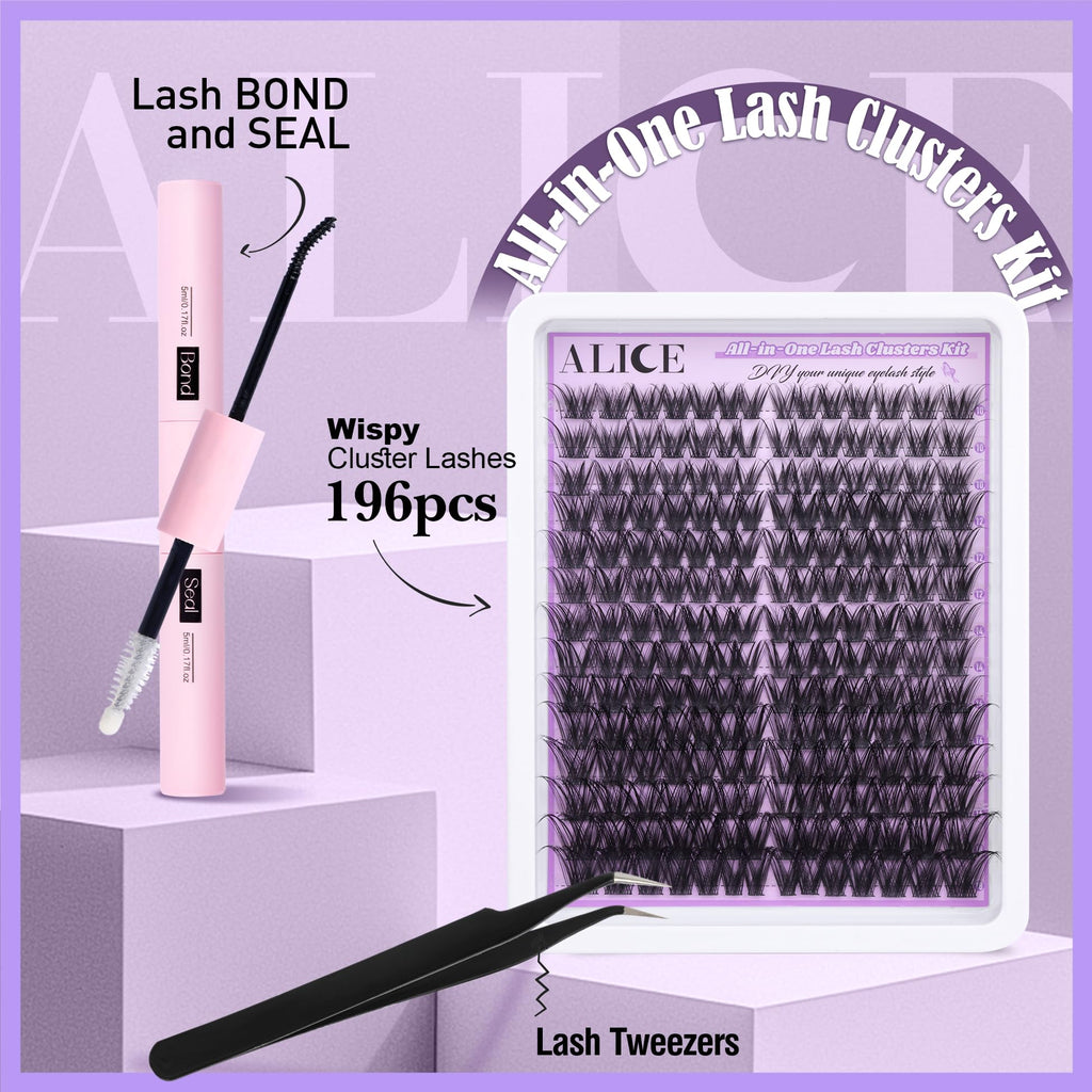 ALICE Cluster Eyelash Extension Kit - 196 Lash Clusters, 10-18mm Mix, Natural Wispy Look + Glue & Tweezers