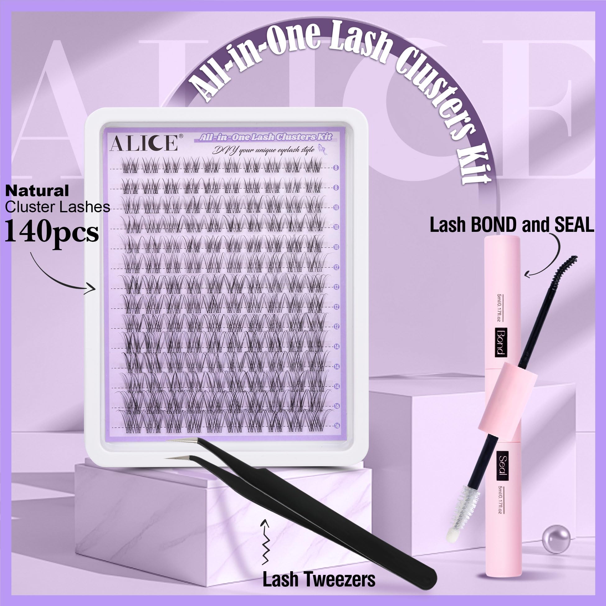 ALICE Lash Clusters Kit – Natural Wispy Extensions, 140pcs, 8-16mm