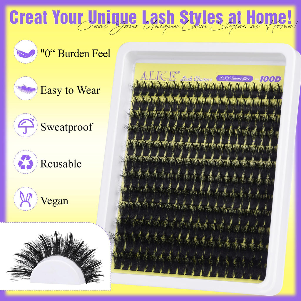 ALICE Wispy Lash Clusters Kit 100D – D-Curl Manga Lashes, Glue, Tweezers, 228pcs