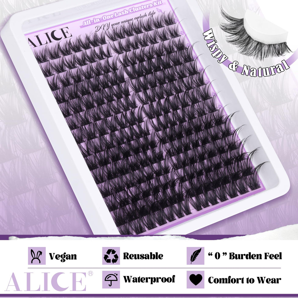 ALICE Cluster Eyelash Extension Kit - 196 Lash Clusters, 10-18mm Mix, Natural Wispy Look + Glue & Tweezers