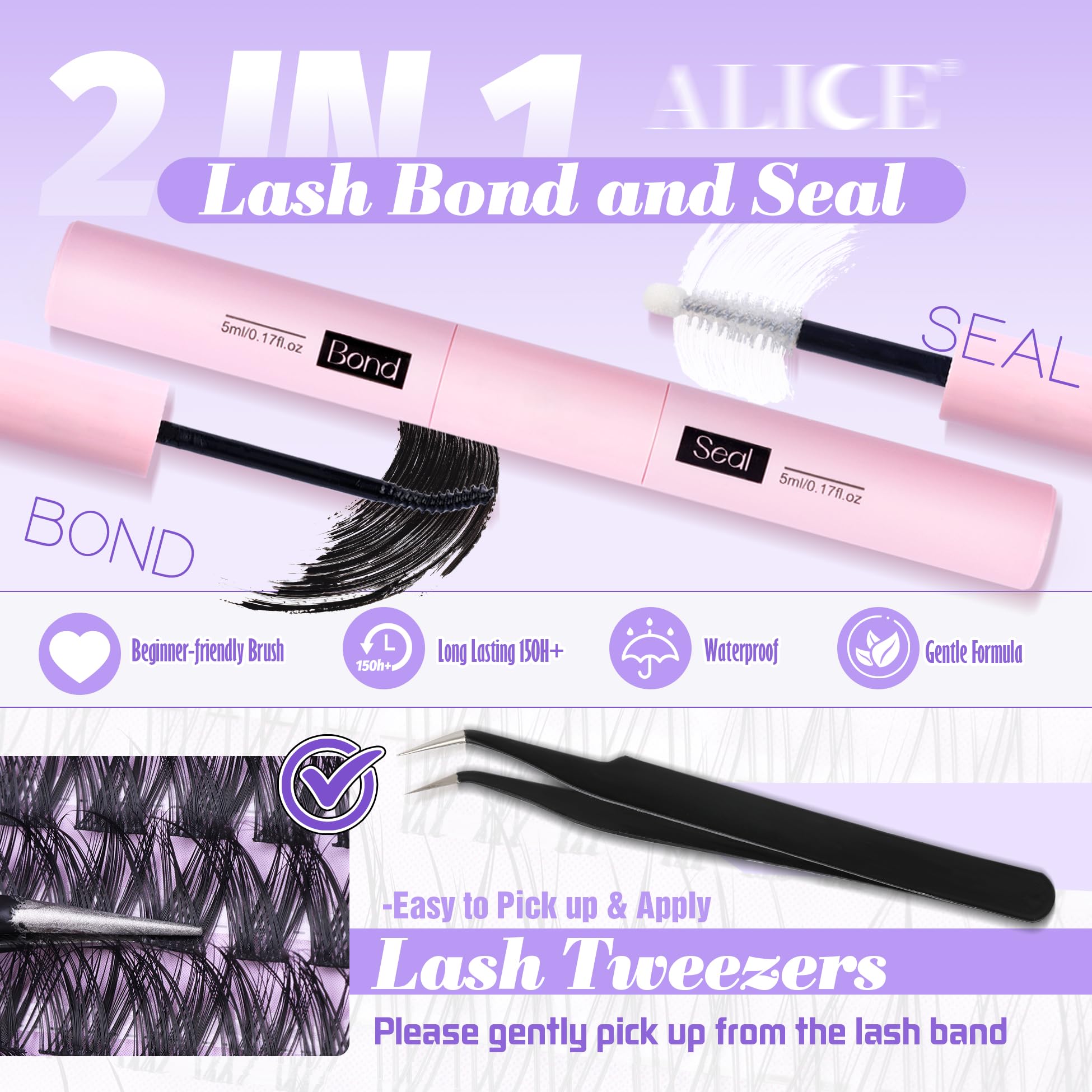 ALICE Cluster Eyelash Extension Kit - 196 Lash Clusters, 10-18mm Mix, Natural Wispy Look + Glue & Tweezers