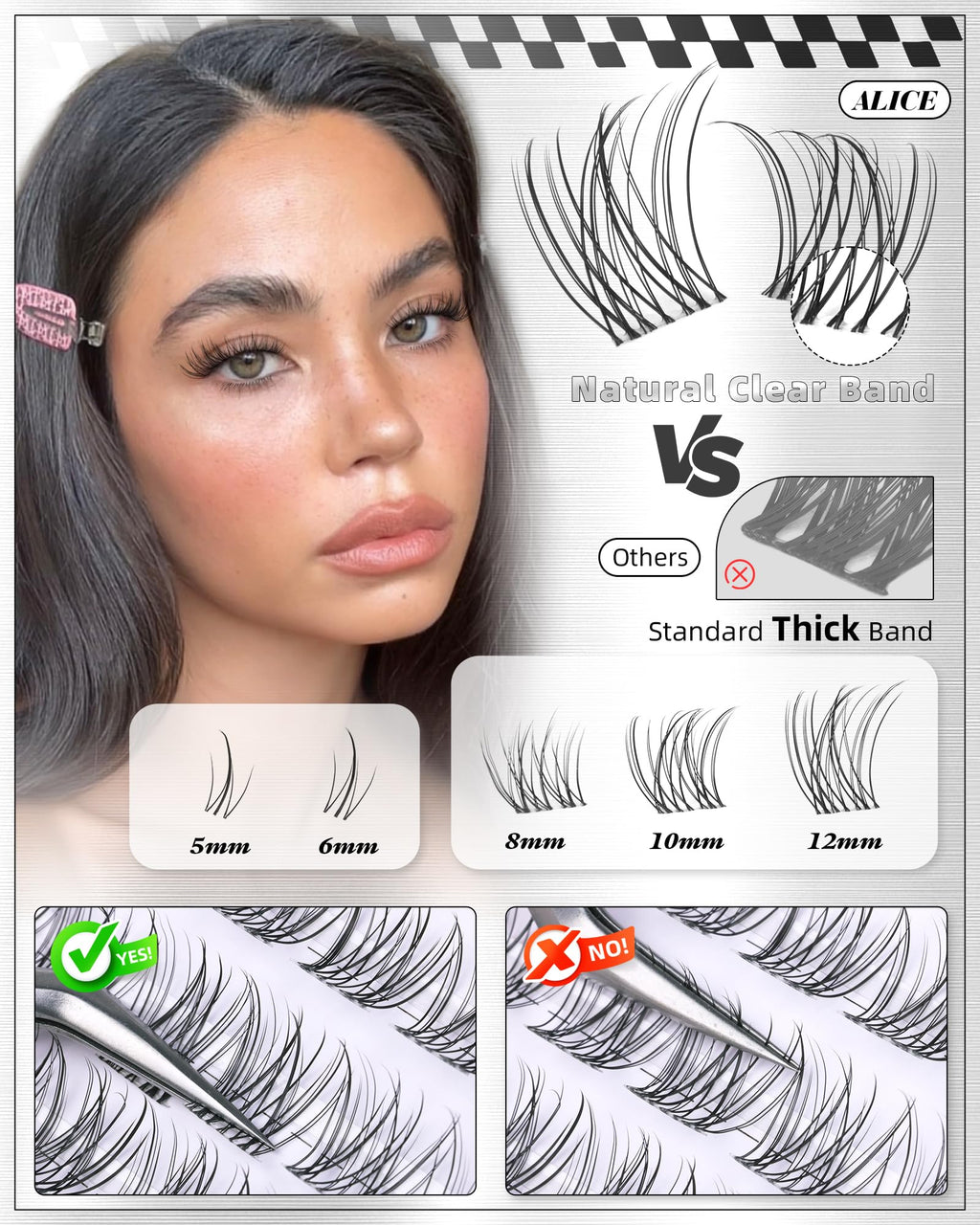 ALICE Short Lash Clusters Kit 8–12mm | Clear Band, DIY Wispy Lashes at Home