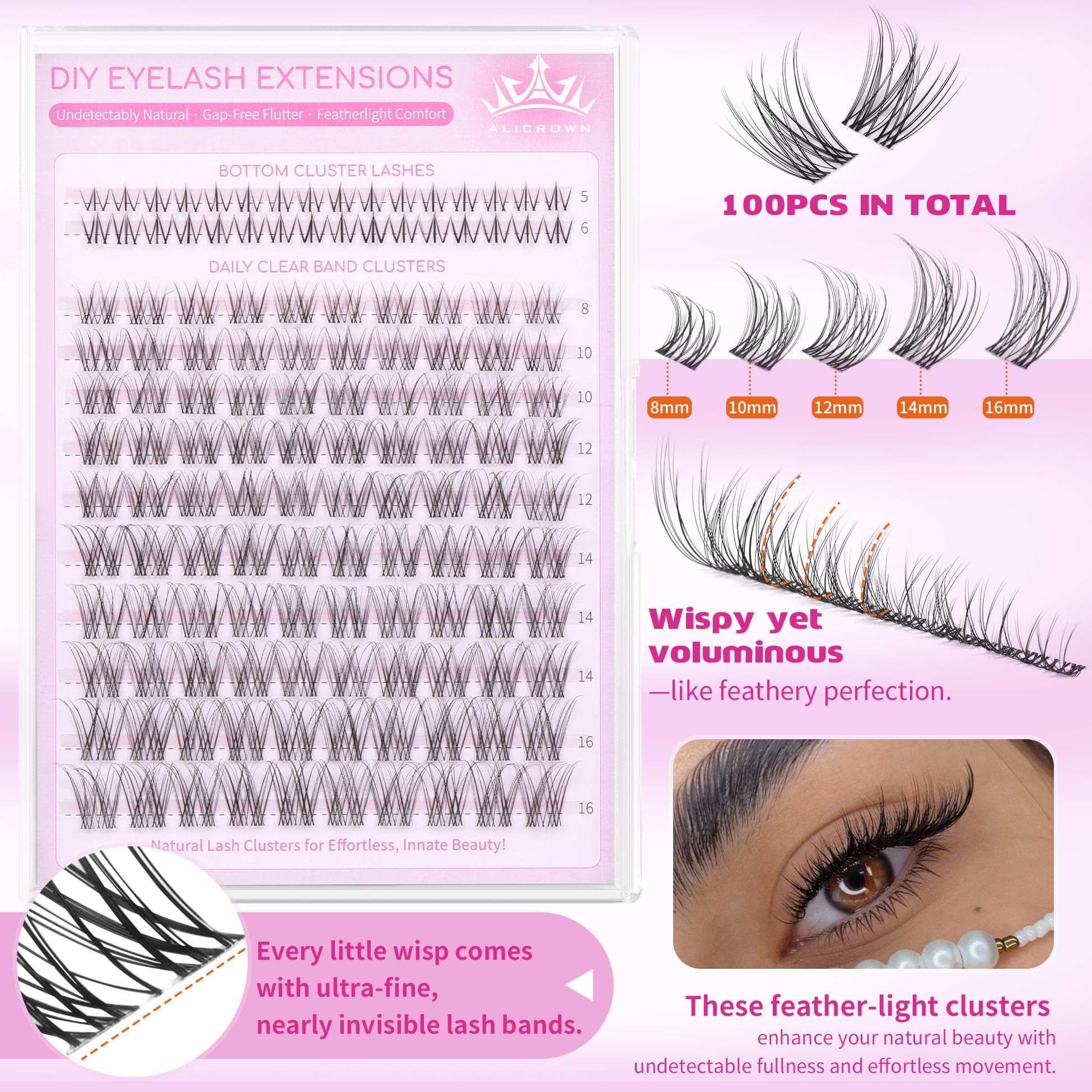 ALICROWN HAIR Natural Lash Clusters Kit – Wispy Eyelash Extensions (132 Pcs)
