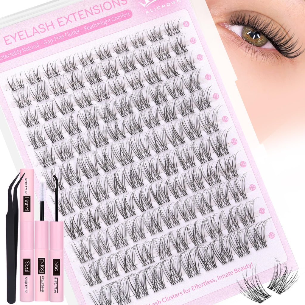 ALICROWN HAIR Natural Lash Clusters Kit – Wispy Lashes with Invisible Band, DIY Bond & Seal, 8mm–18mm