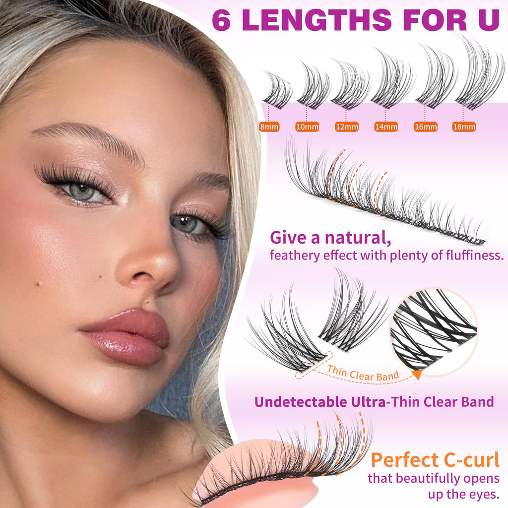 ALICROWN HAIR Natural Lash Clusters Kit – Wispy Lashes with Invisible Band, DIY Bond & Seal, 8mm–18mm