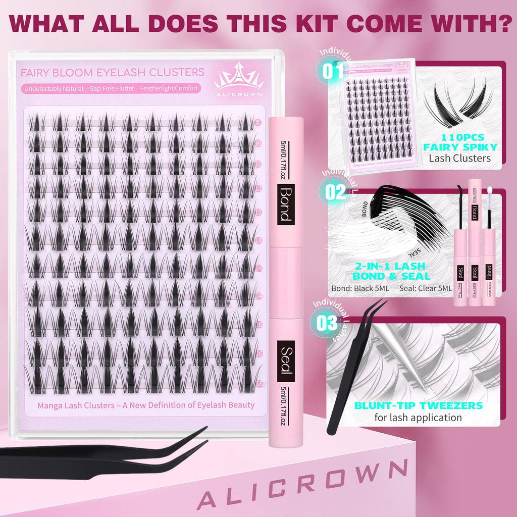 ALICROWN HAIR Manga Lash Clusters Kit – 110 Pcs, 6 Lengths, DIY Bond & Seal