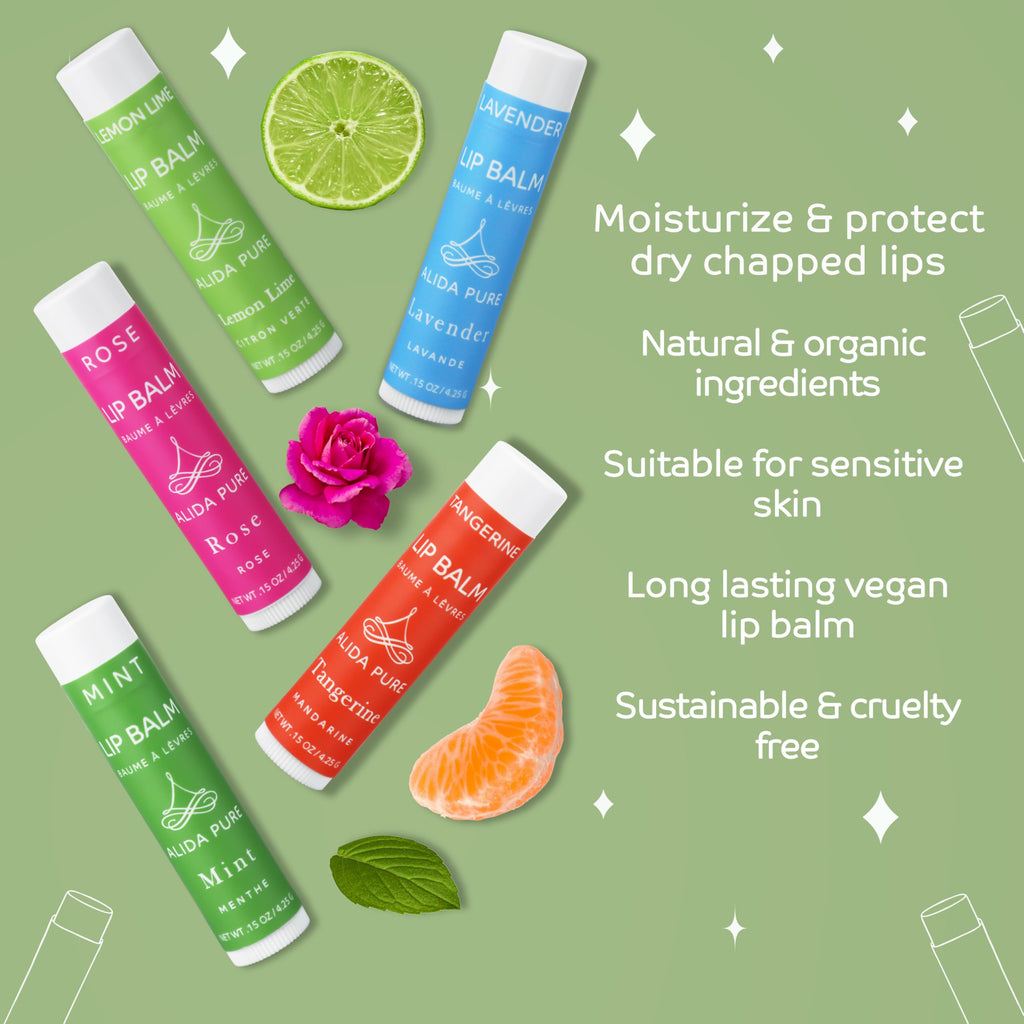 ALIDA PURE Aria Lip Balm Collection – Vegan, Beeswax-Free, Organic Oils (5 Tubes)