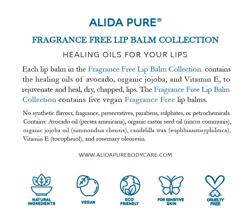 ALIDA PURE Fragrance Free Lip Balm Set – 5 Vegan Tubes, Beeswax Free, Jojoba & Avocado Oils