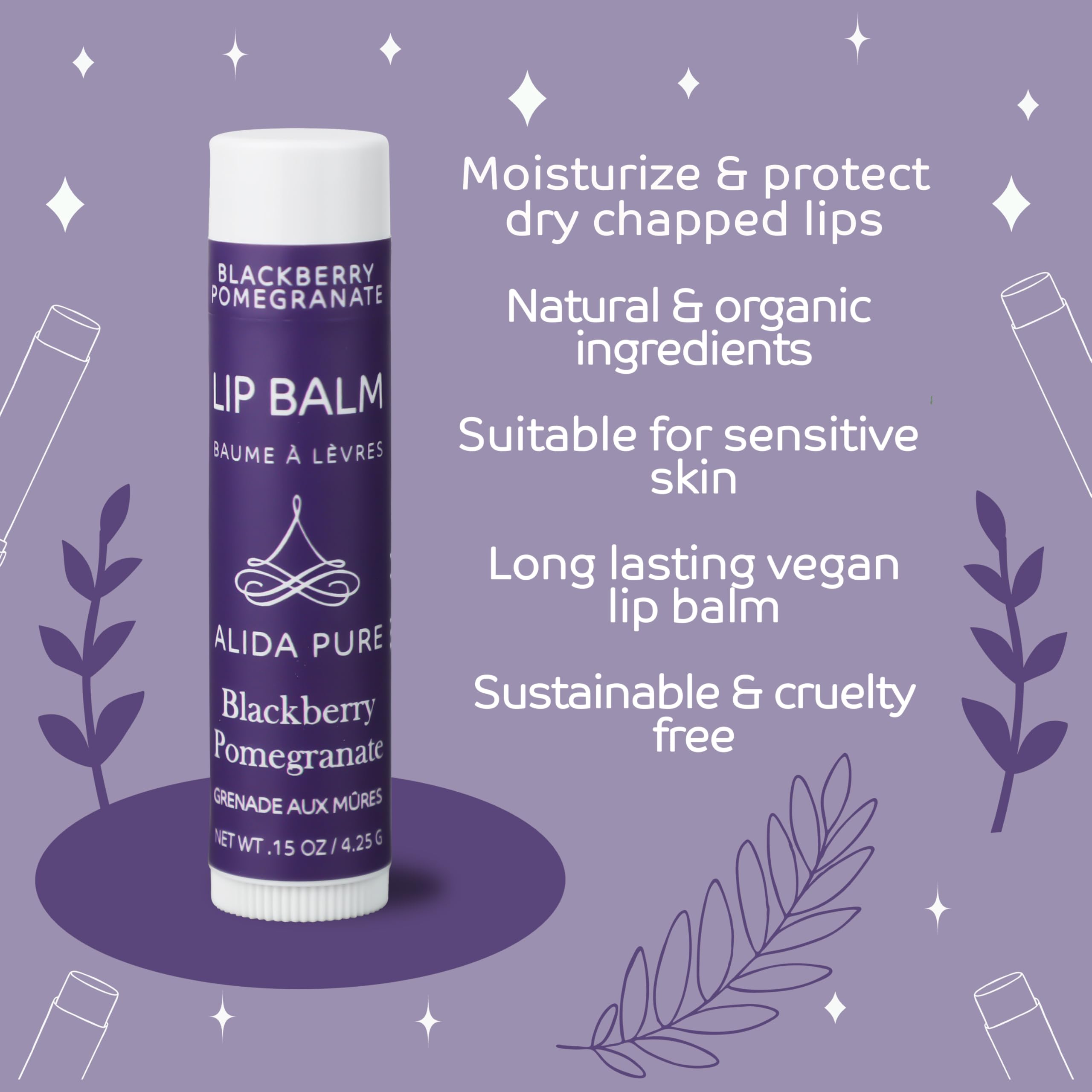 ALIDA PURE Blackberry Pomegranate Lip Balm Collection - Vegan, Beeswax-Free, 3-Tube Set