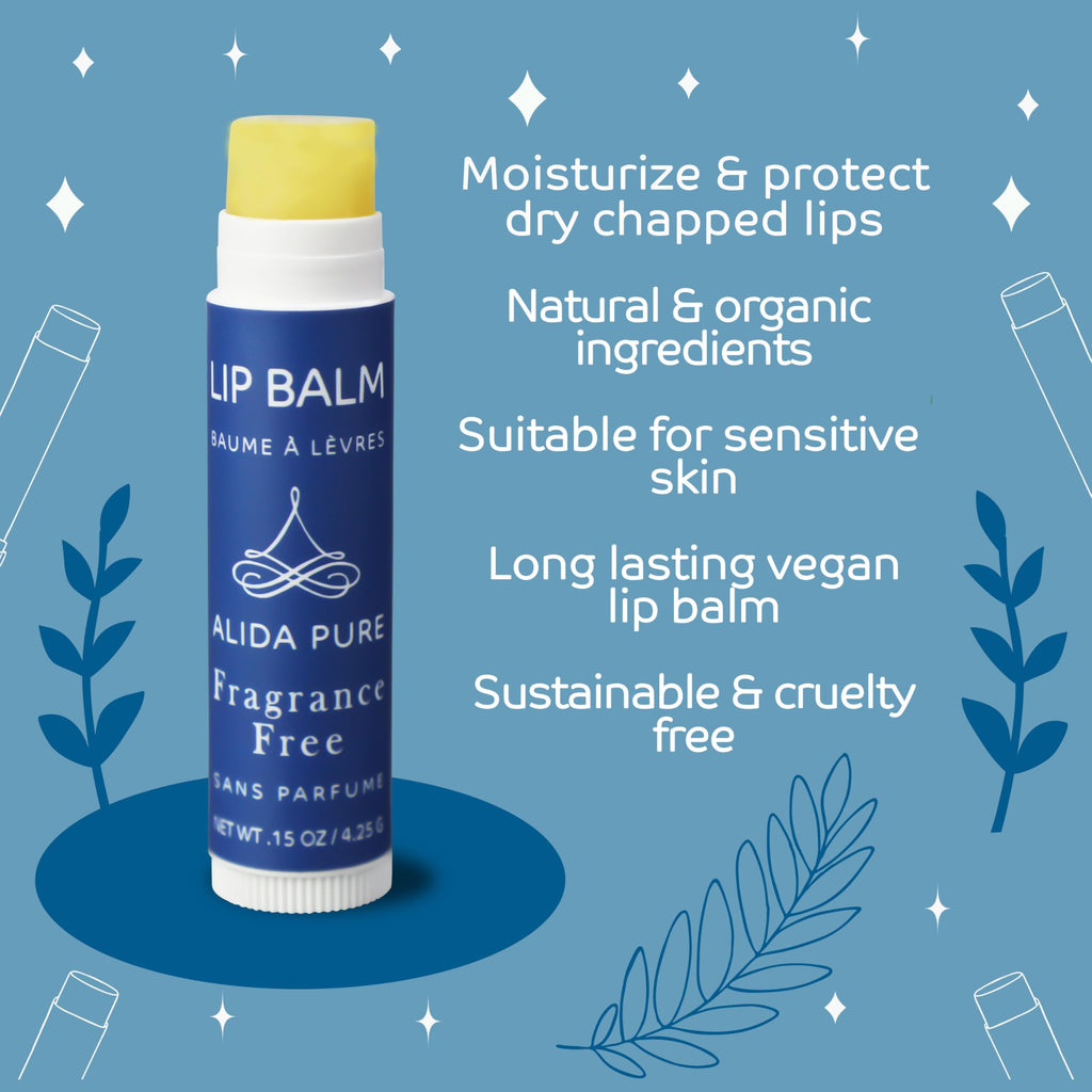 ALIDA PURE Fragrance Free Lip Balm Set – 5 Vegan Tubes, Beeswax Free, Jojoba & Avocado Oils