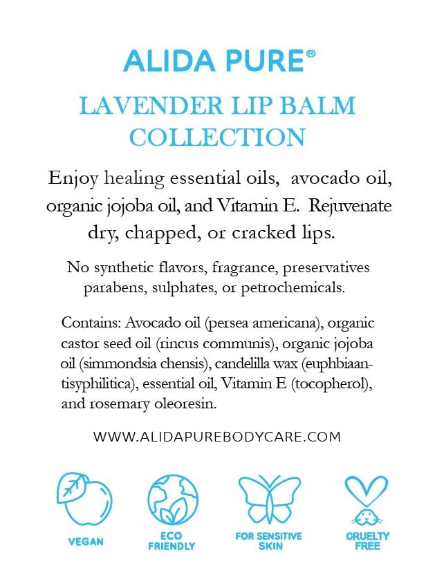 ALIDA PURE Lavender Lip Balm Set – Vegan, Cruelty-Free, Beeswax-Free (3 x 0.15 oz tubes)