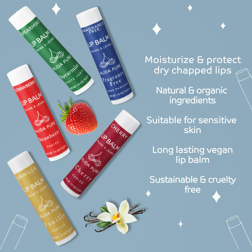 ALIDA PURE Melody Lip Balm Collection — Vegan, Beeswax Free, 5-Tube Set with Jojoba, Avocado & Vitamin E