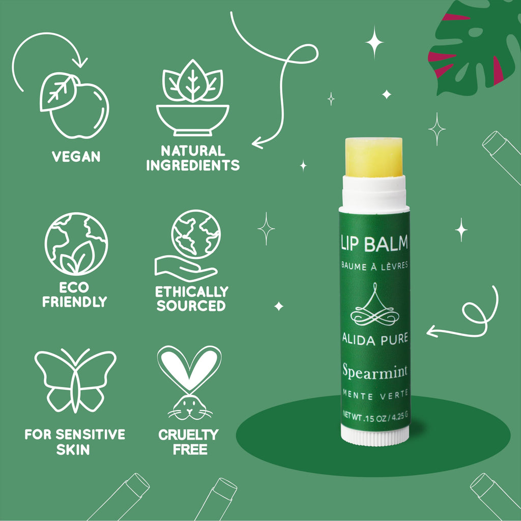 ALIDA PURE Spearmint Lip Balm Collection – Vegan, Beeswax-Free, 3-Tube Set with Organic Jojoba & Avocado Oils