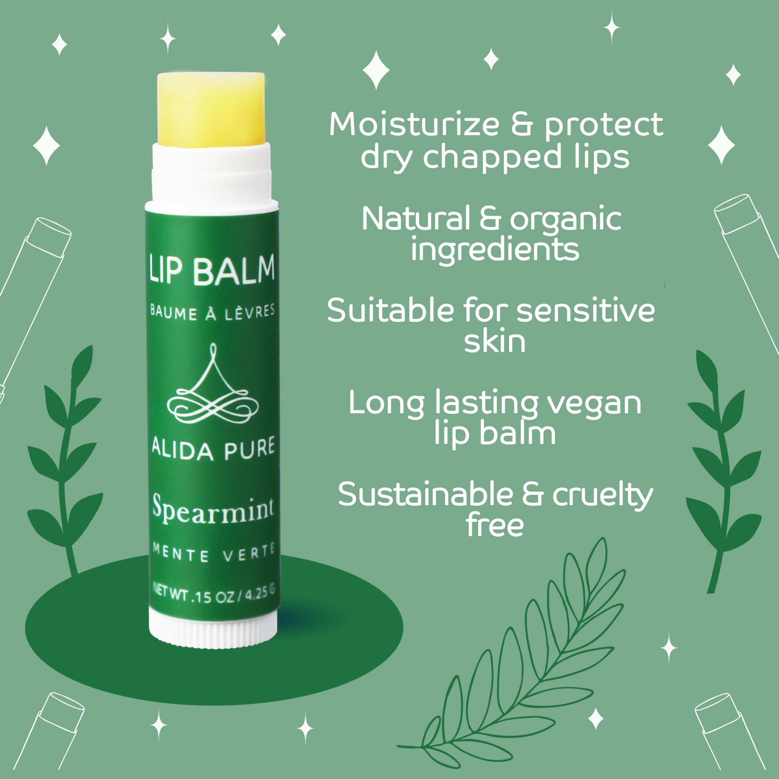 ALIDA PURE Spearmint Lip Balm Collection – Vegan, Beeswax-Free, 3-Tube Set with Organic Jojoba & Avocado Oils