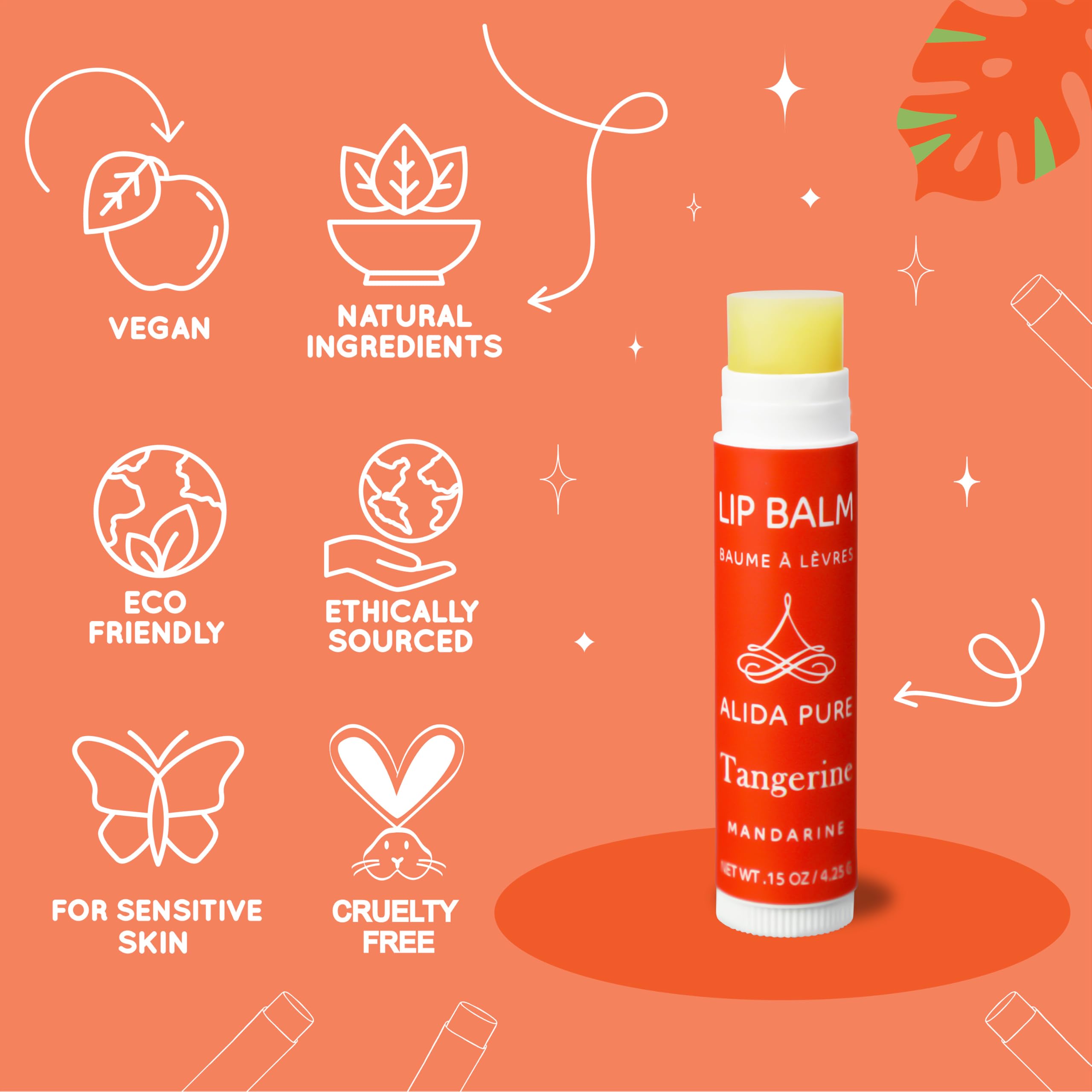 ALIDA PURE Tangerine Lip Balm Set – Vegan, Beeswax Free (3 Tubes)