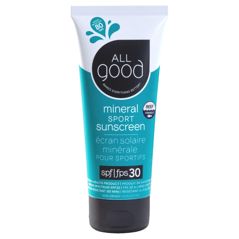 All Good Sunscreen Sport Mineral Lotion SPF 30+ for Face & Body – Reef-Friendly, Water & Sweat Resistant (3 oz)