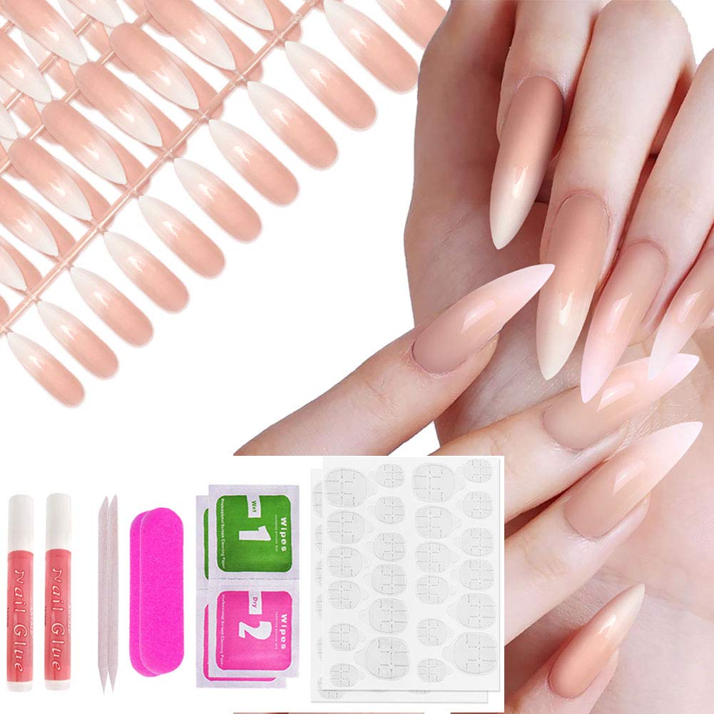Allstarry 120pcs Extra Long Ombre French Nail Kit – Natural Nude Stiletto Press-On Nails
