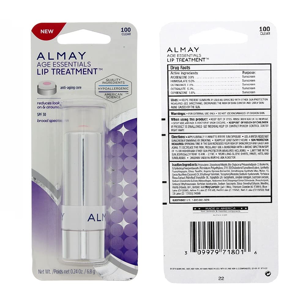Almay Age Essentials Lip Treatment Clear 100 — Hypoallergenic SPF 30 Lip Balm (Pack of 2)