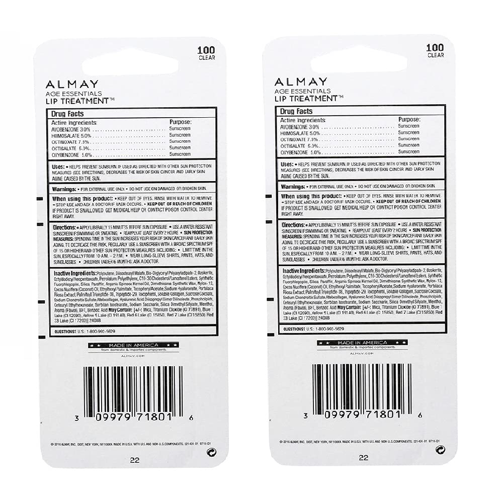 Almay Age Essentials Lip Treatment Clear 100 — Hypoallergenic SPF 30 Lip Balm (Pack of 2)