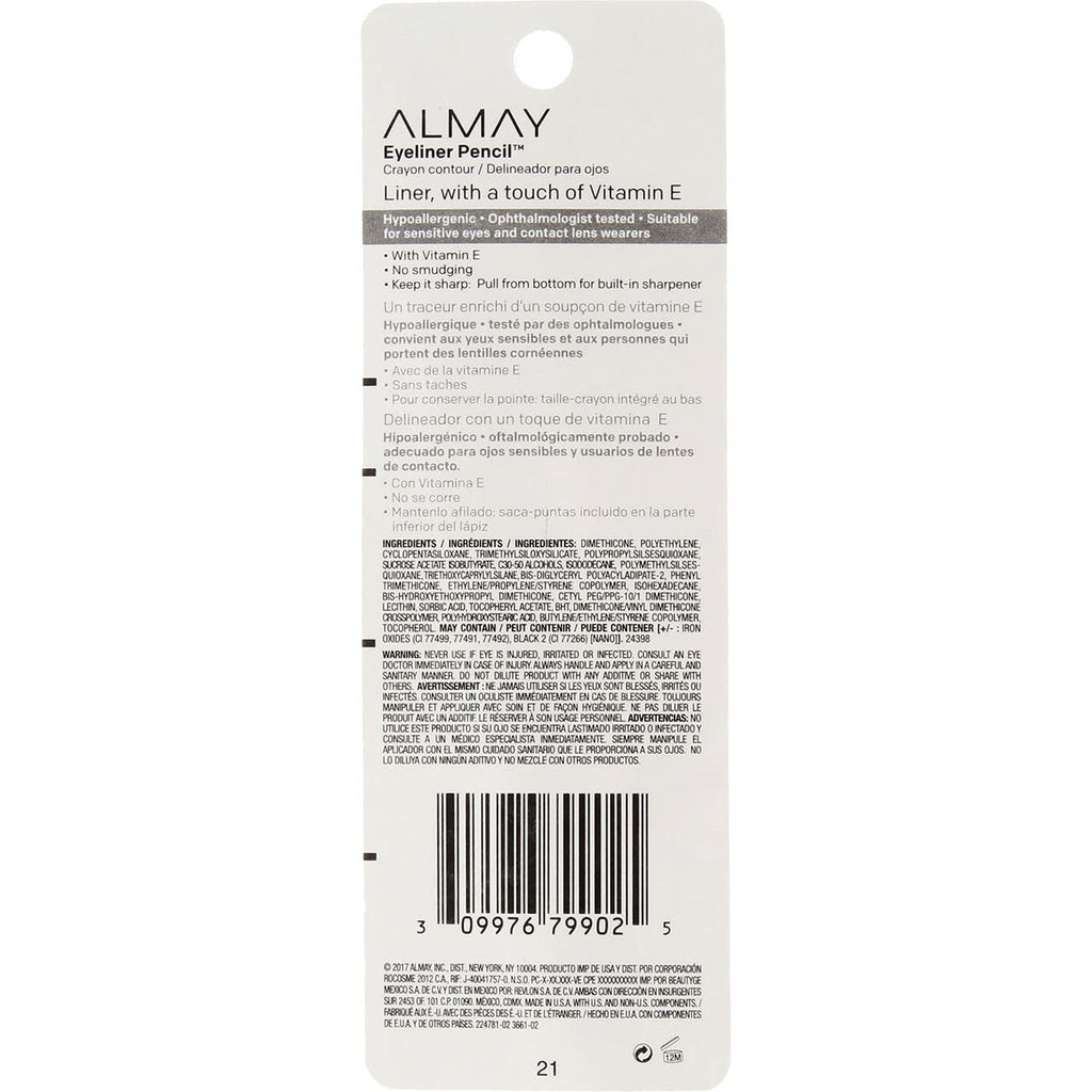 Almay Eyeliner Pencil Black Brown 206 – Hypoallergenic, Waterproof, Pack of 4
