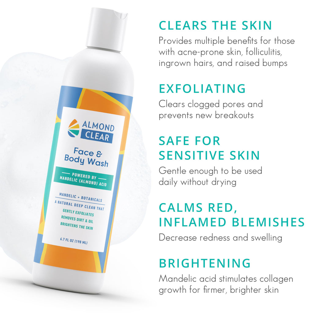 Almond Clear Face & Body Wash – Gentle Mandelic Acid Cleanser for Acne & Folliculitis, 17.25 oz