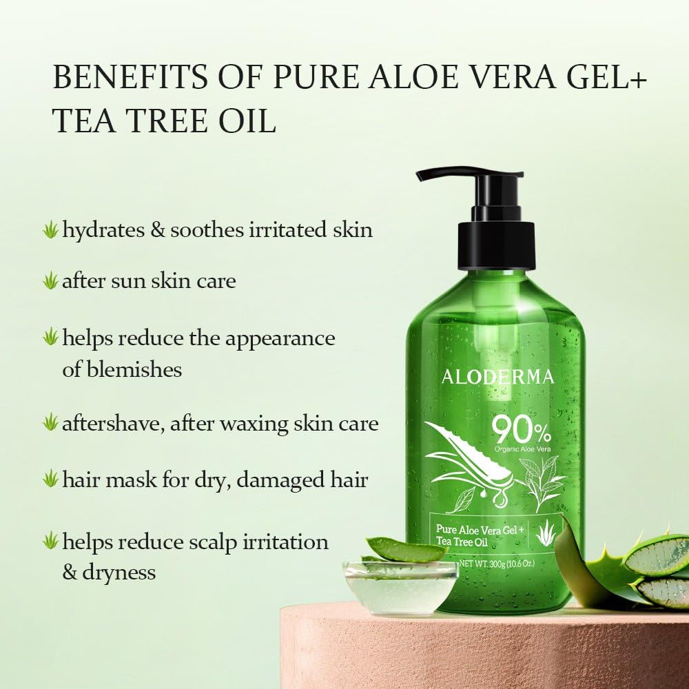 Aloderma Aloe Vera Gel + Tea Tree Oil — 3 x 10.6 oz Organic Aloe for Skin, Hair, Face & Aftershave