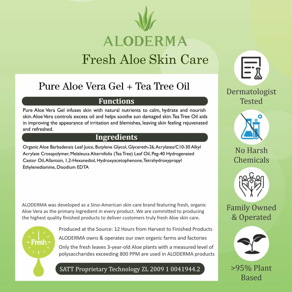Aloderma Aloe Vera Gel + Tea Tree Oil — 3 x 10.6 oz Organic Aloe for Skin, Hair, Face & Aftershave
