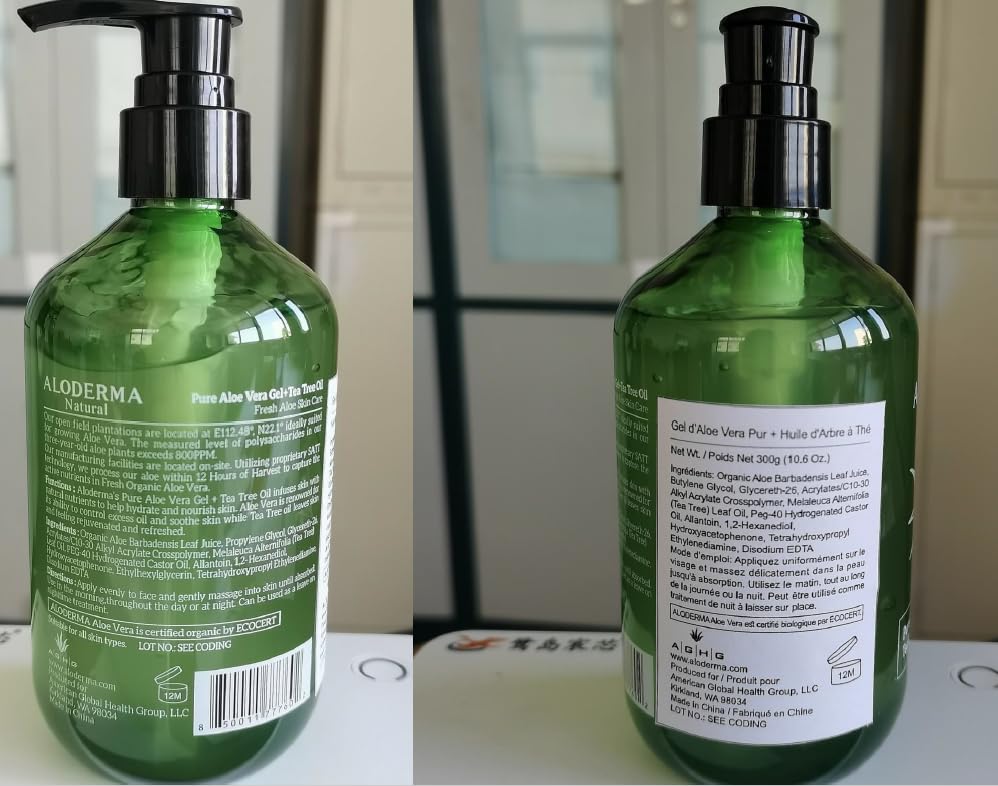 Aloderma Aloe Vera Gel + Tea Tree Oil — 3 x 10.6 oz Organic Aloe for Skin, Hair, Face & Aftershave