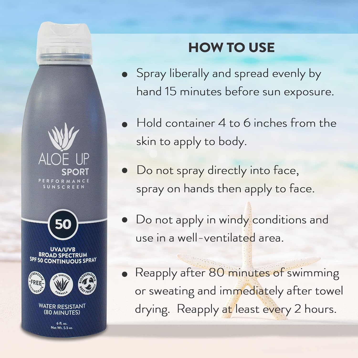 Aloe Up Sport SPF 50 Continuous Spray Sunscreen – Reef Safe, Fragrance-Free (2-Pack, 6 oz)