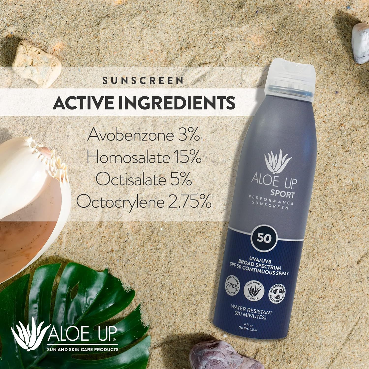 Aloe Up Sport SPF 50 Continuous Spray Sunscreen – Reef Safe, Fragrance-Free (2-Pack, 6 oz)