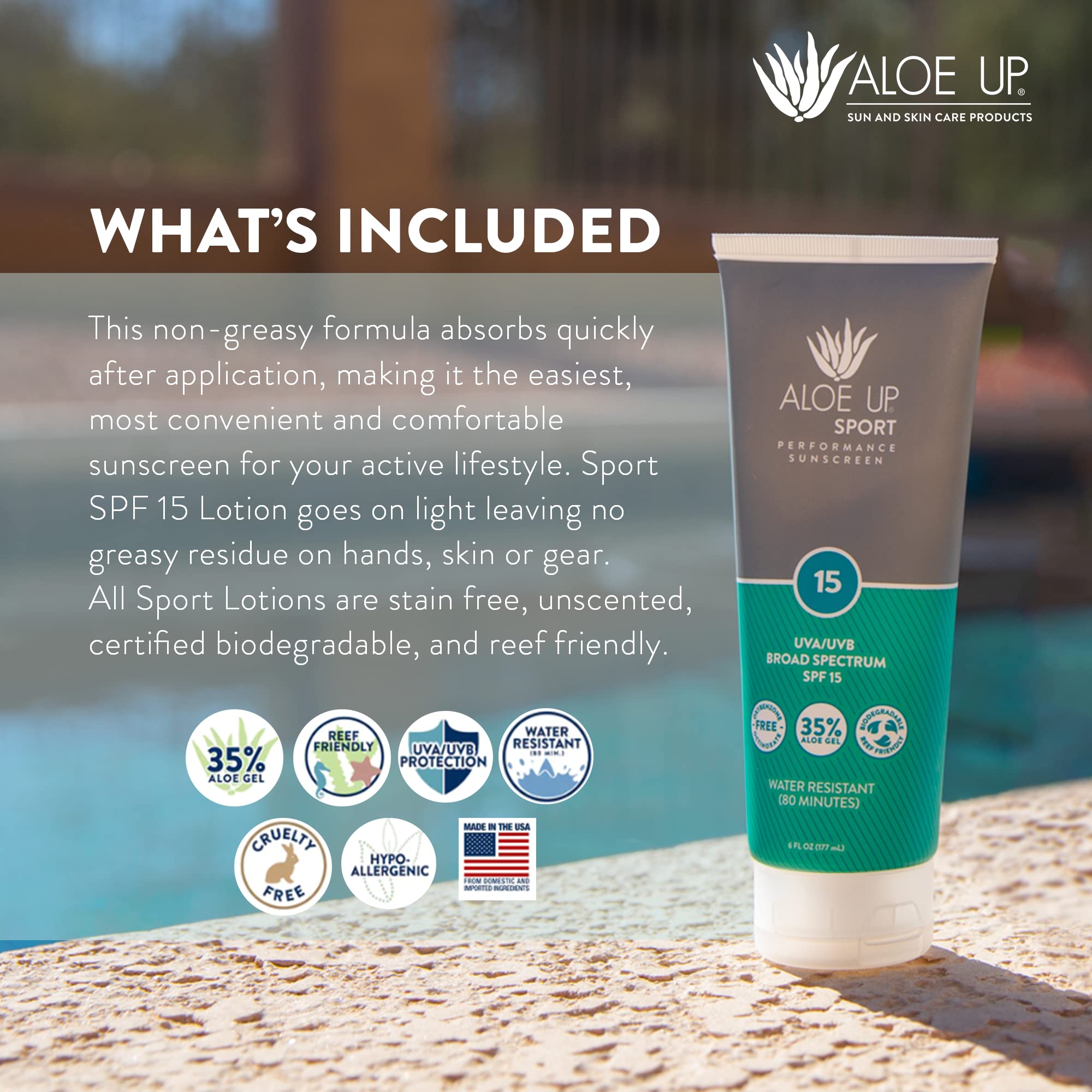 Aloe Up Sport Sunscreen Lotion SPF 15 – Broad Spectrum, Non-Greasy, Fragrance-Free